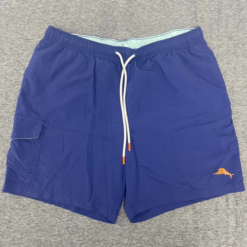 Tommy Bahama Swim Trunks Mens Medium Blue Orange Marlin Logo Cargo Pocket‎